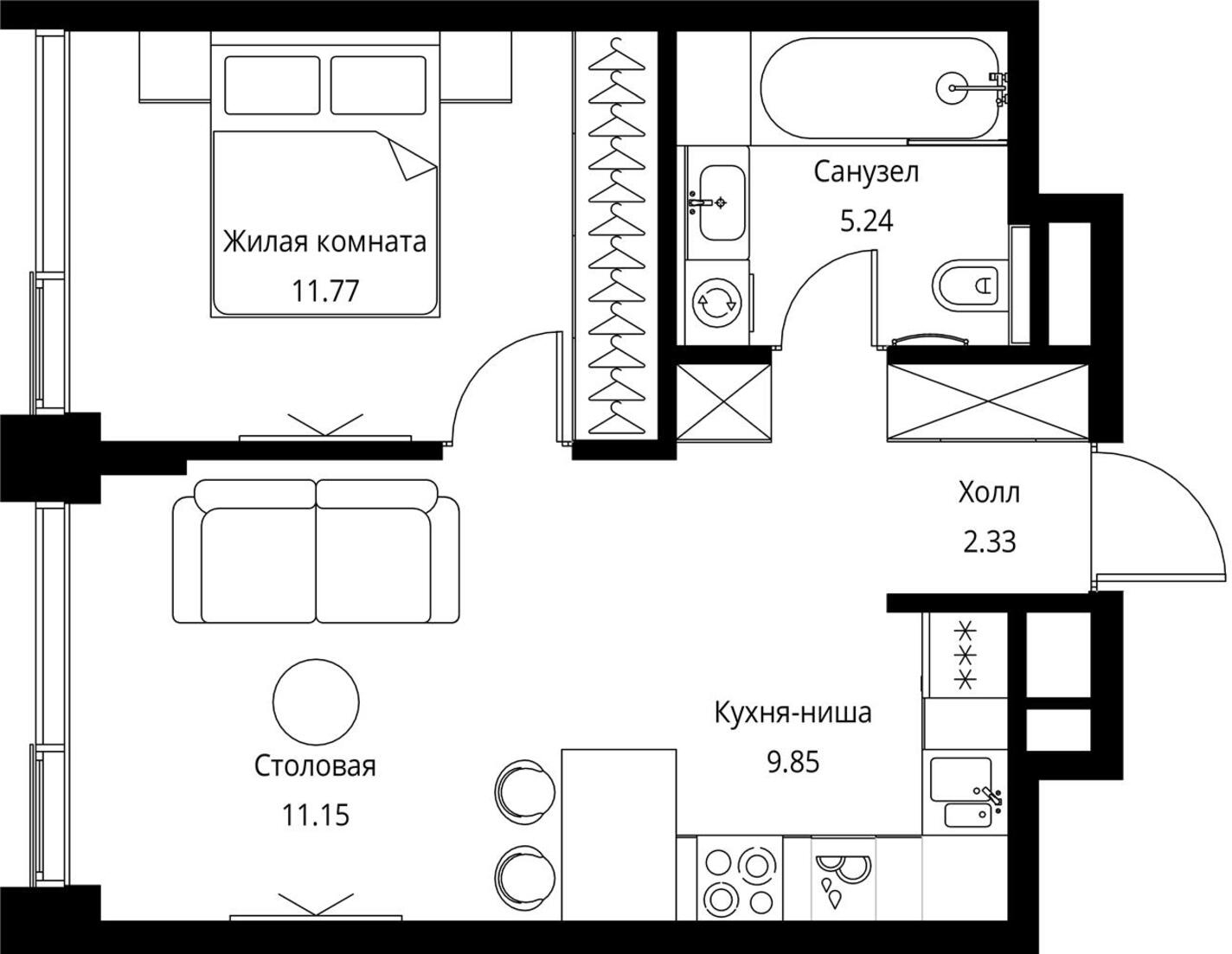 1-комнатная квартира в ЖК Symphony 34 на 8 этаже в 1 секции. Сдача в 2 кв. 2025 г.