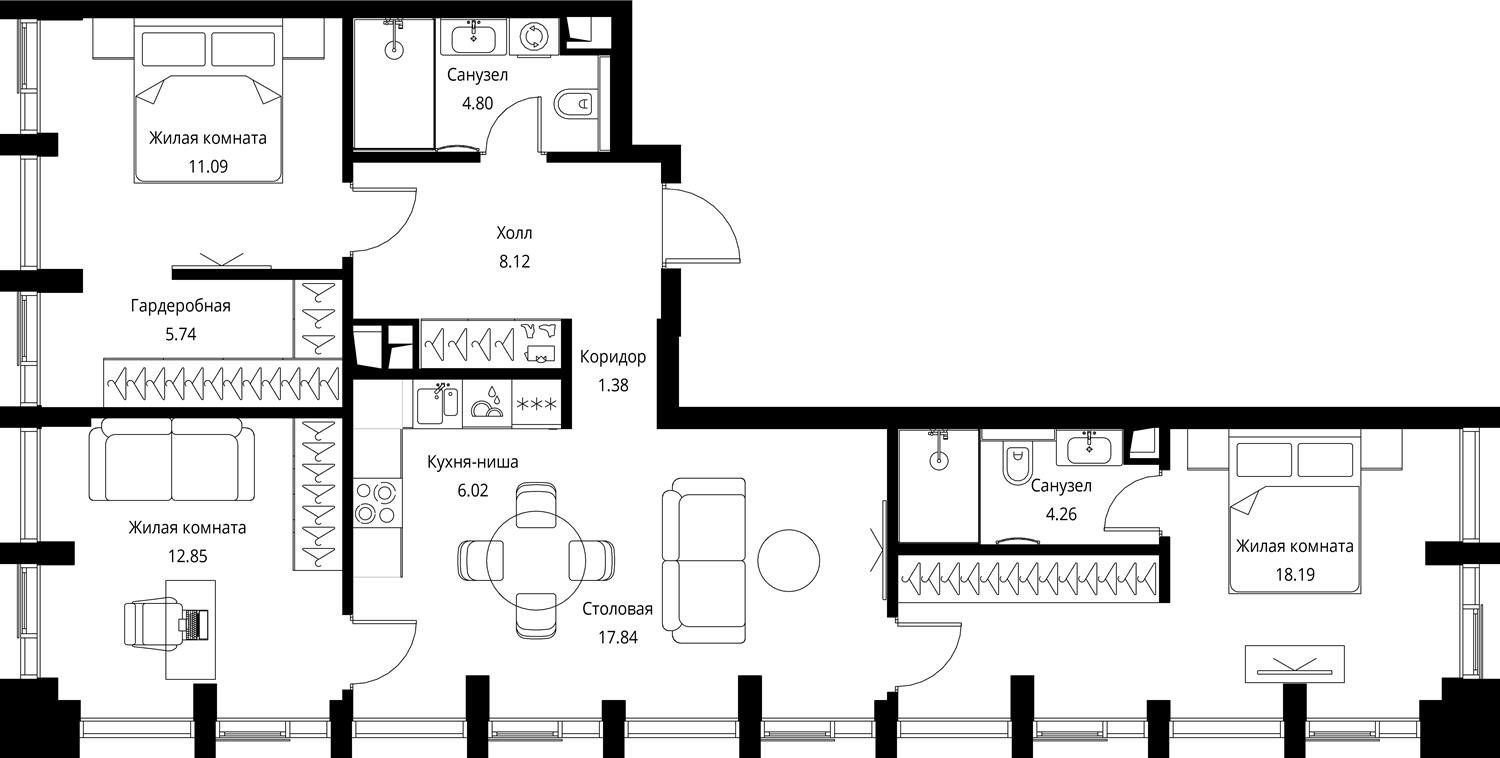 2-комнатная квартира с отделкой в ЖК City Bay на 29 этаже в 1 секции. Сдача в 3 кв. 2025 г.