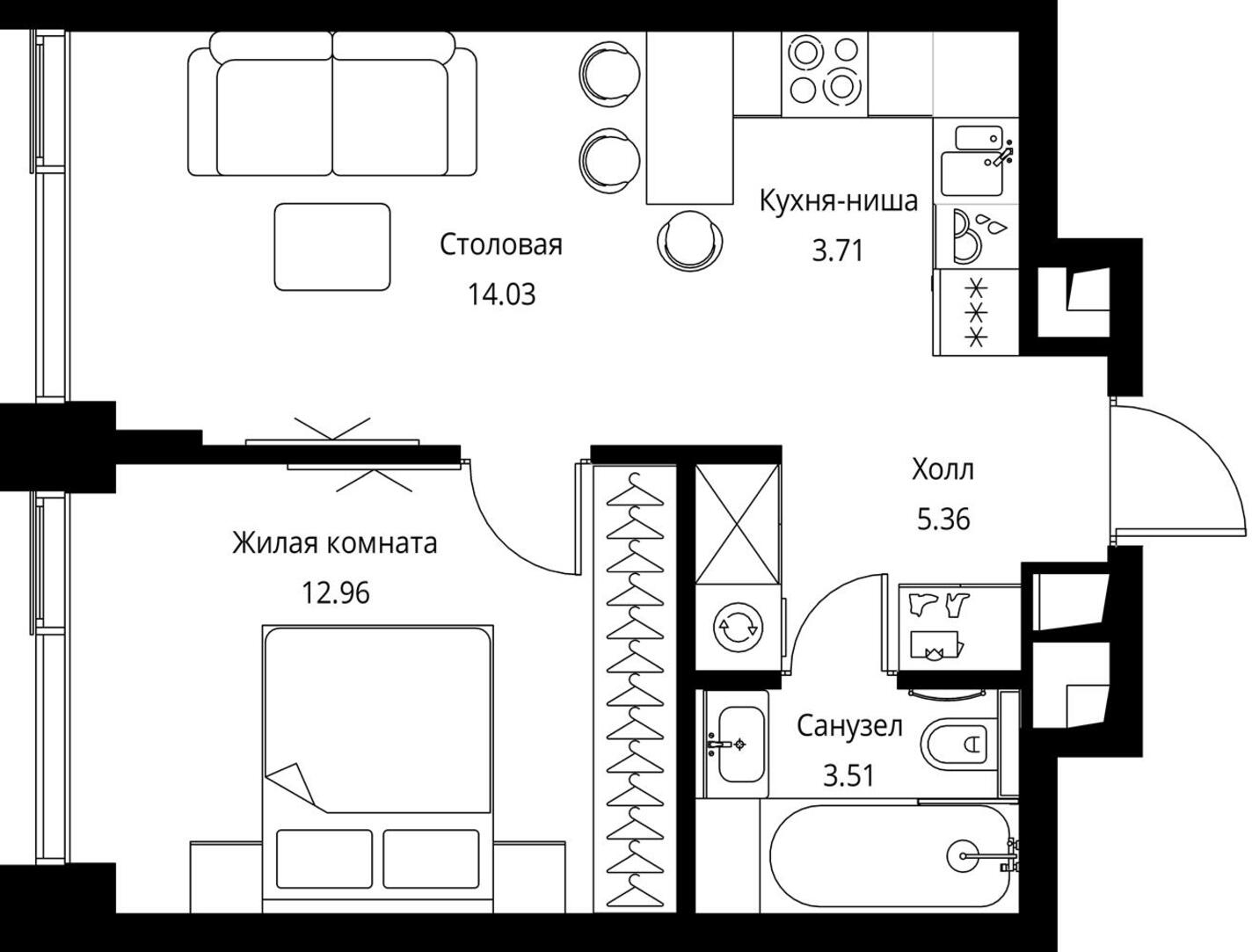 1-комнатная квартира в ЖК Symphony 34 на 43 этаже в 1 секции. Сдача в 2 кв. 2025 г.