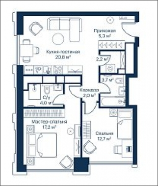 2-комнатная квартира с отделкой в ЖК Миниполис Рафинад на 5 этаже в 3 секции. Сдача в 2 кв. 2021 г.