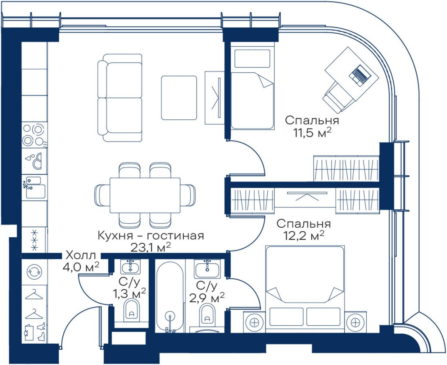 2-комнатная квартира в ЖК Миниполис Рафинад на 5 этаже в 1 секции. Сдача в 2 кв. 2021 г.