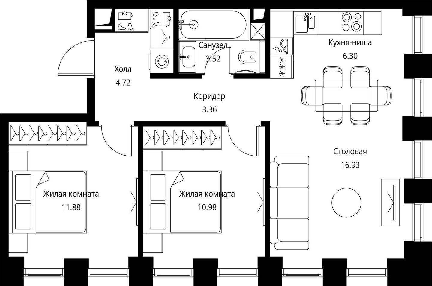 2-комнатная квартира в ЖК Symphony 34 на 20 этаже в 1 секции. Сдача в 2 кв. 2025 г.