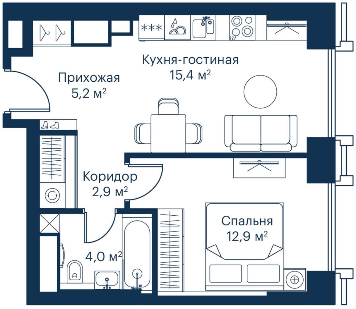 1-комнатная квартира (Студия) с отделкой в ЖК Бунинские кварталы на 6 этаже в 5 секции. Сдача в 2 кв. 2026 г.