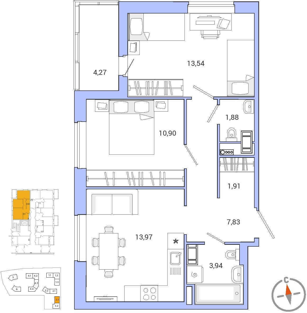 1-комнатная квартира (Студия) с отделкой в ЖК City Bay на 13 этаже в 1 секции. Сдача в 3 кв. 2026 г.