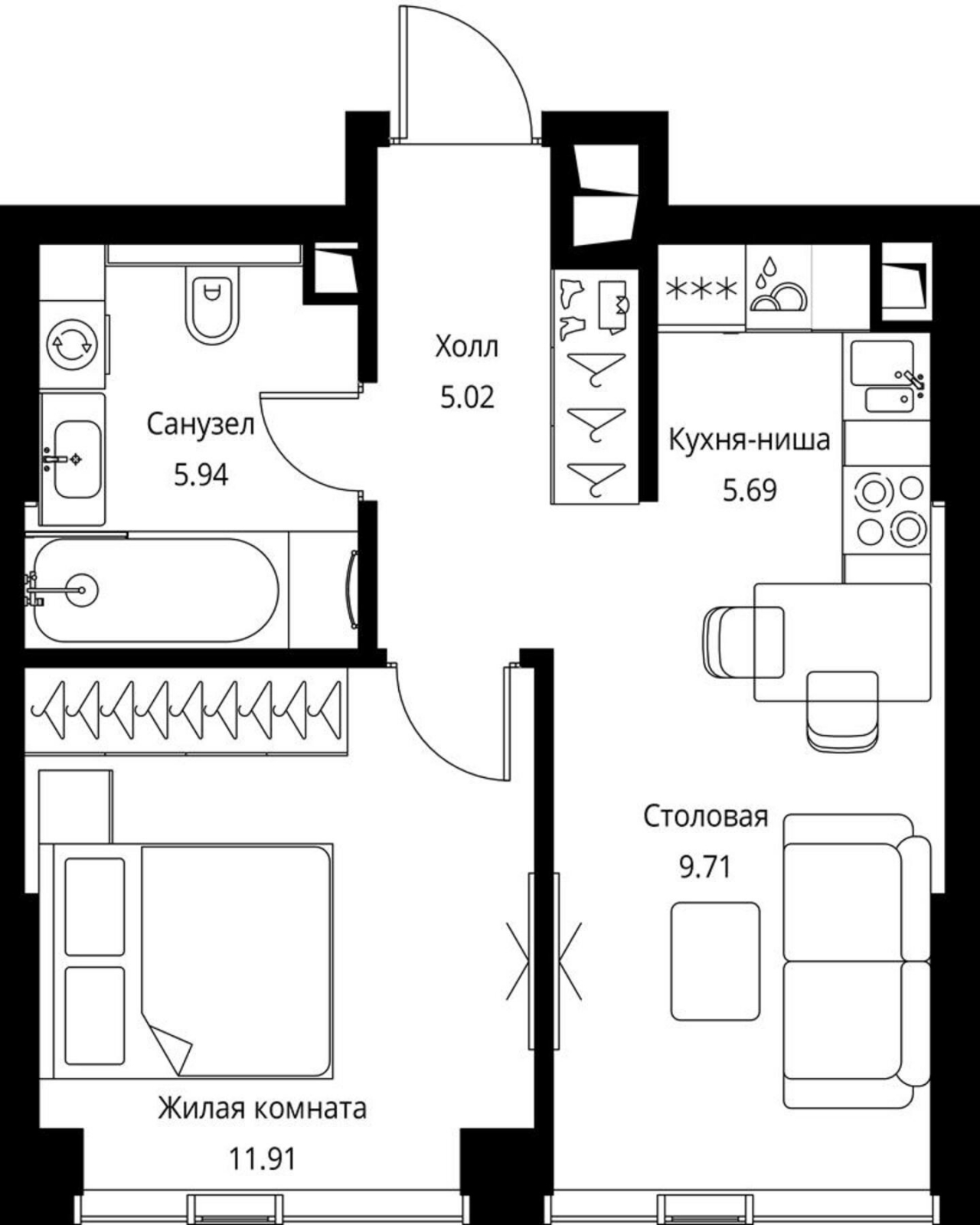 1-комнатная квартира (Студия) в ЖК Friends на 3 этаже в 1 секции. Сдача в 1 кв. 2024 г.