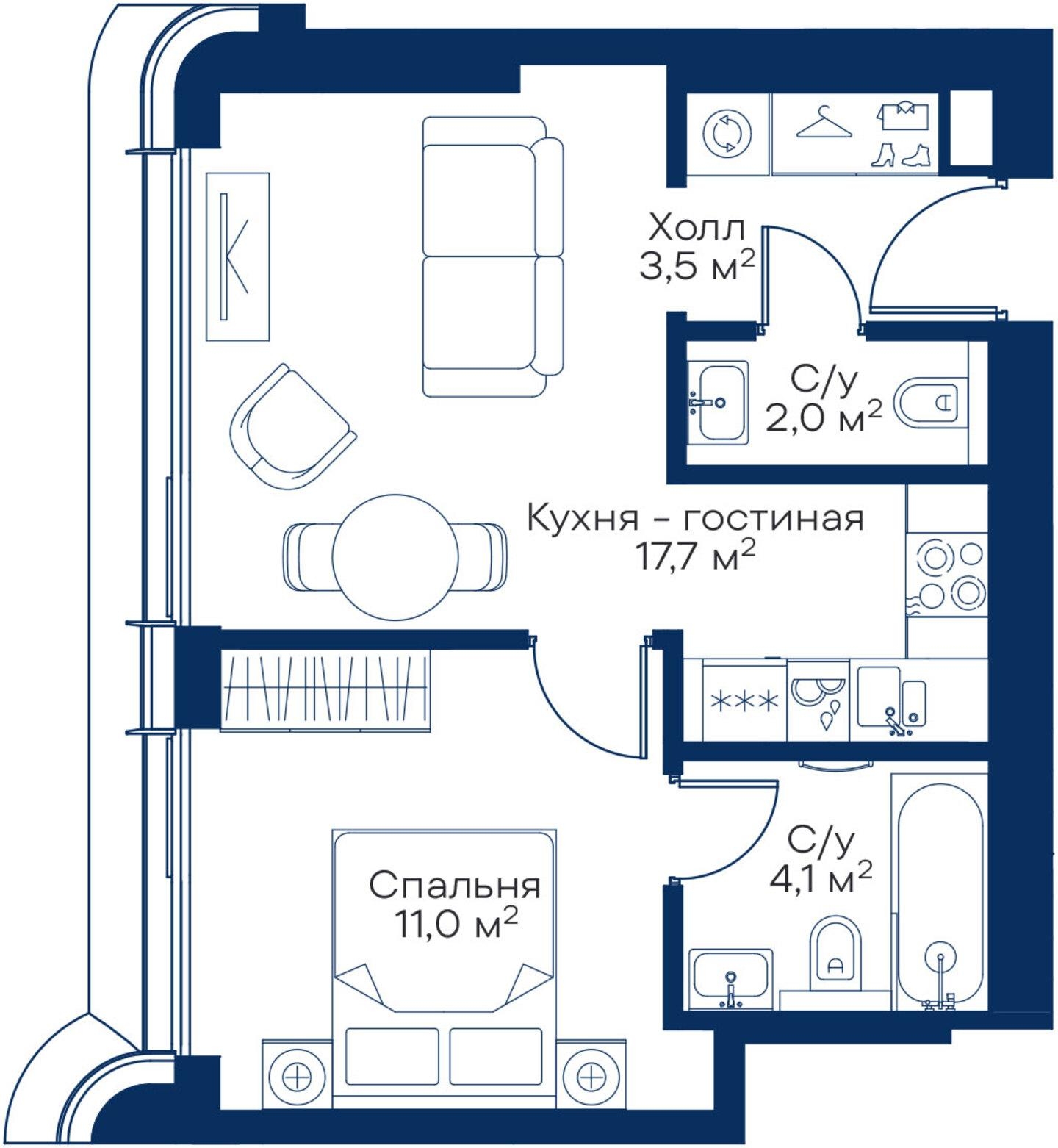 1-комнатная квартира в ЖК Symphony 34 на 26 этаже в 1 секции. Сдача в 2 кв. 2025 г.