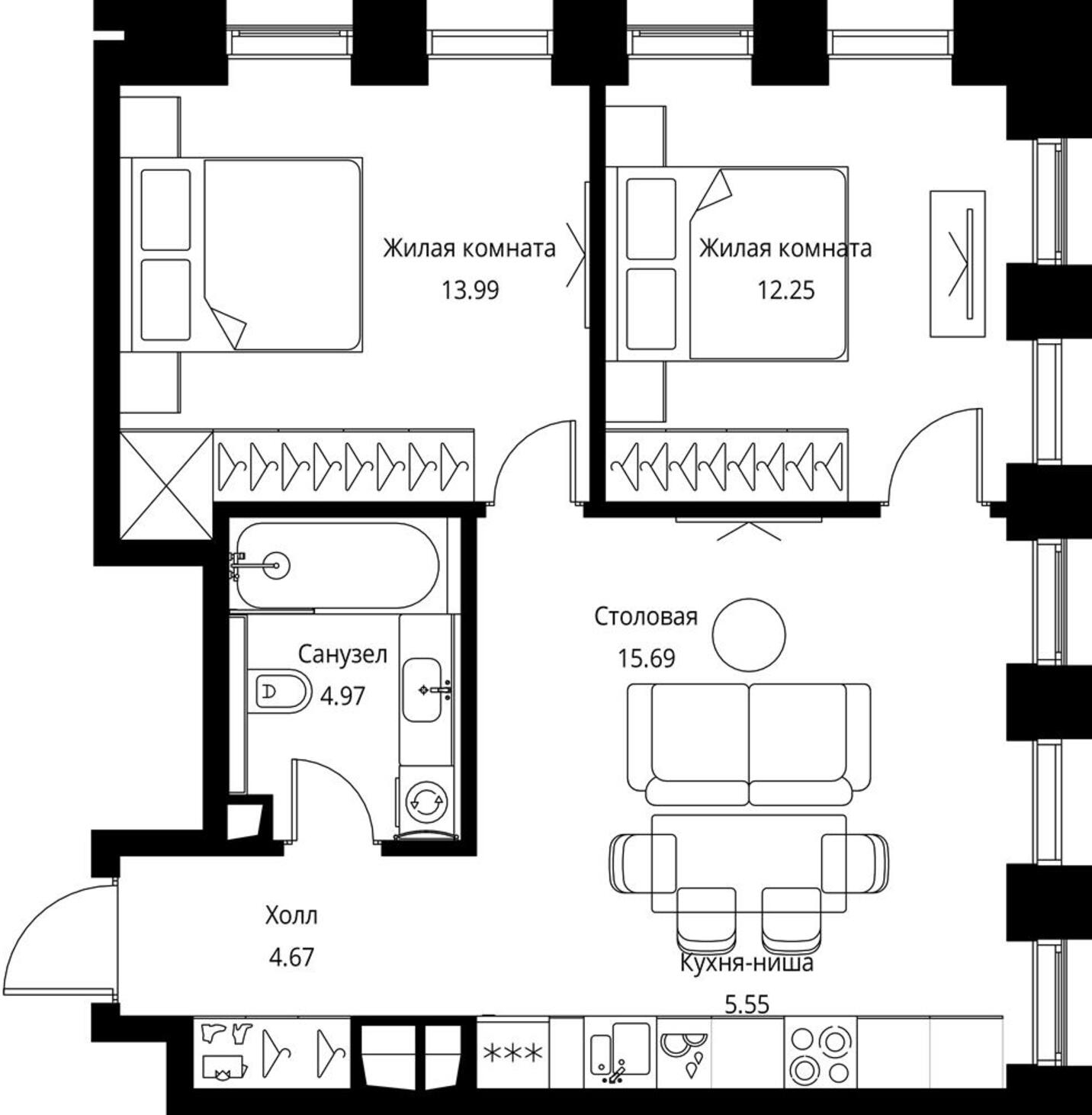 2-комнатная квартира в ЖК Symphony 34 на 43 этаже в 1 секции. Сдача в 2 кв. 2025 г.