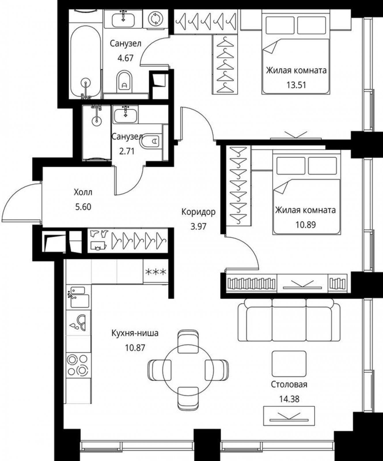 3-комнатная квартира с отделкой в ЖК City Bay на 34 этаже в 1 секции. Сдача в 3 кв. 2026 г.