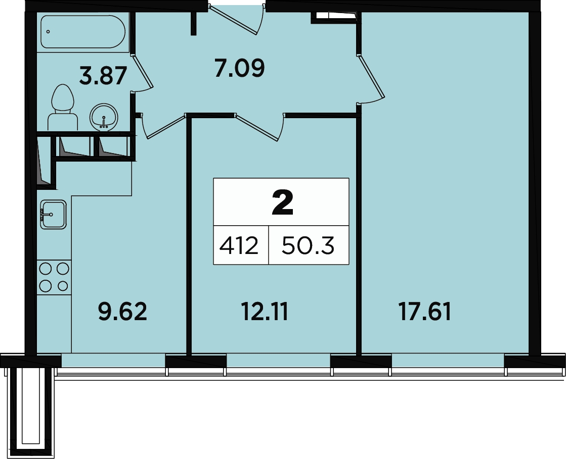 2-комнатная квартира в ЖК Легендарный Квартал на Березовой  аллее на 13 этаже в 1 секции. Сдача в 3 кв. 2019 г.