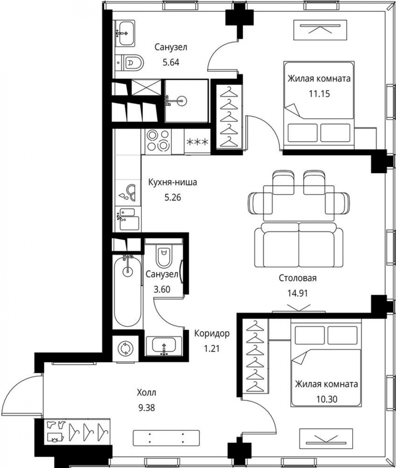 4-комнатная квартира с отделкой в ЖК Бунинские кварталы на 5 этаже в 1 секции. Сдача в 2 кв. 2026 г.