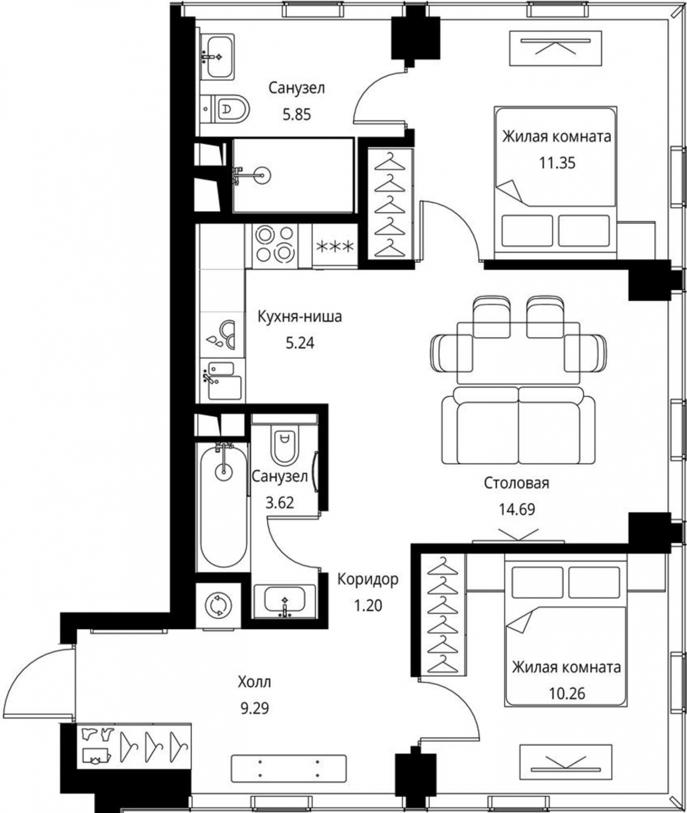 2-комнатная квартира с отделкой в ЖК City Bay на 9 этаже в 1 секции. Сдача в 3 кв. 2025 г.