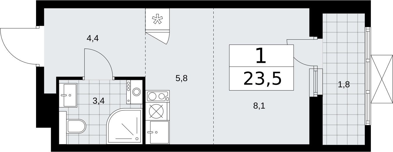 1-комнатная квартира (Студия) с отделкой в ЖК Бунинские кварталы на 11 этаже в 1 секции. Сдача в 2 кв. 2026 г.