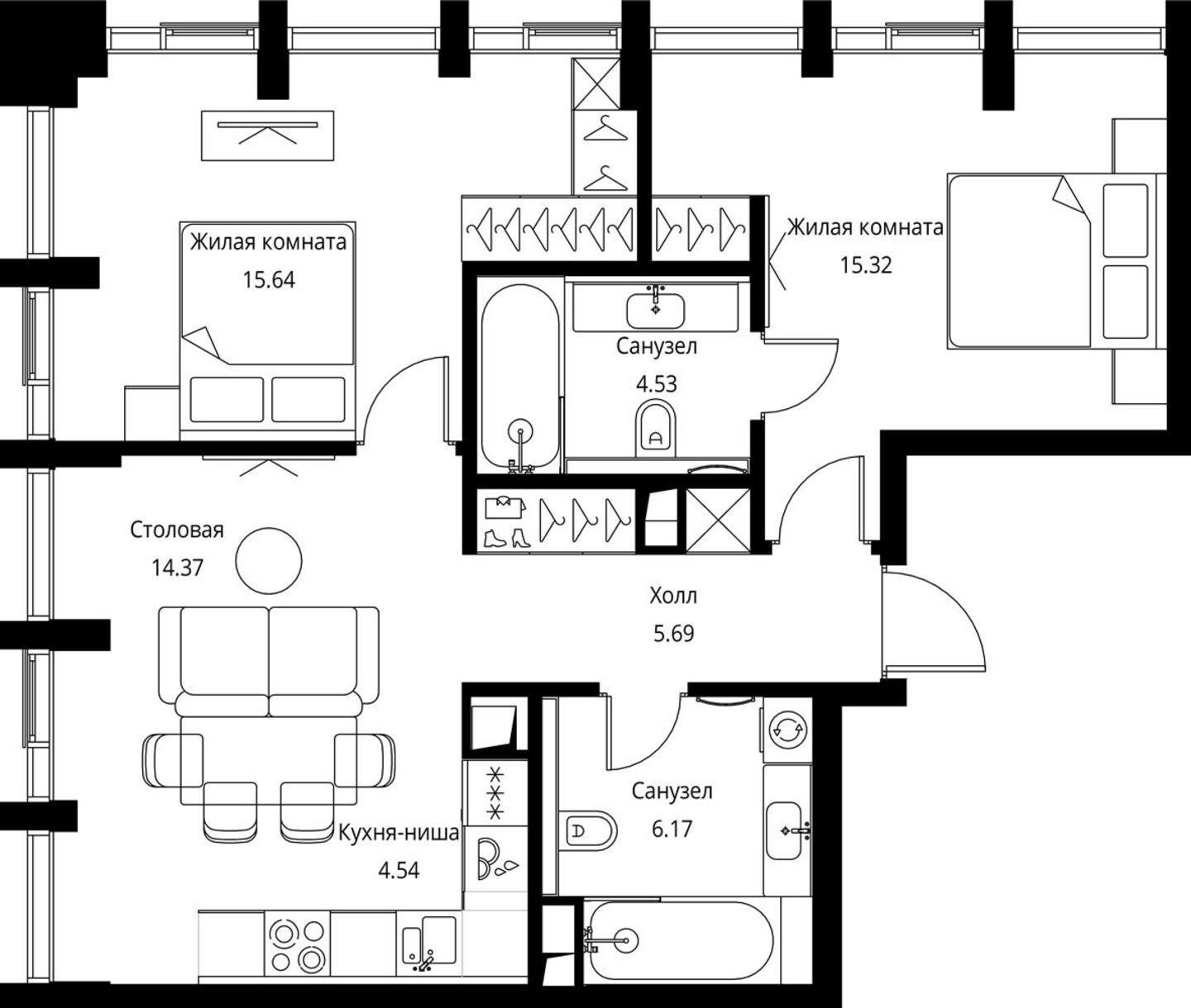 2-комнатная квартира в ЖК City Bay на 2 этаже в 1 секции. Сдача в 2 кв. 2024 г.