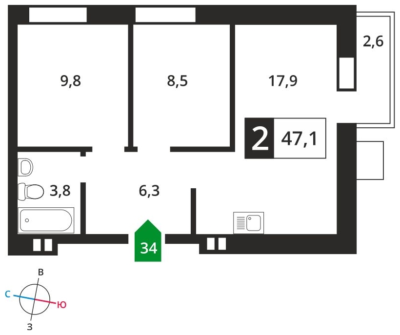 1-комнатная квартира (Студия) с отделкой в ЖК City Bay на 27 этаже в 1 секции. Сдача в 3 кв. 2026 г.