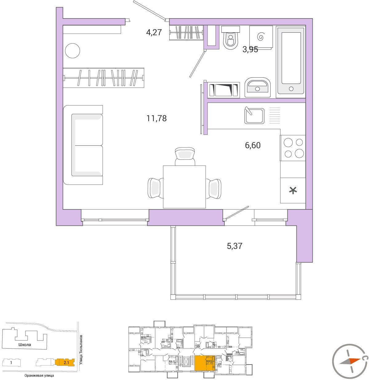 1-комнатная квартира (Студия) с отделкой в ЖК Бунинские кварталы на 13 этаже в 1 секции. Сдача в 2 кв. 2026 г.