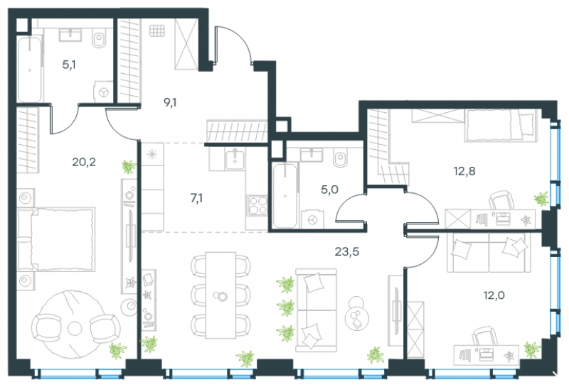 2-комнатная квартира с отделкой в ЖК Бунинские кварталы на 13 этаже в 1 секции. Сдача в 2 кв. 2026 г.
