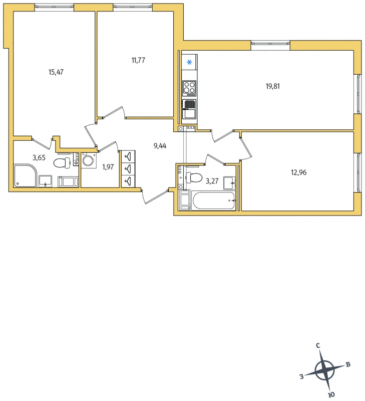 3-комнатная квартира в ЖК City Bay на 40 этаже в 1 секции. Сдача в 3 кв. 2026 г.
