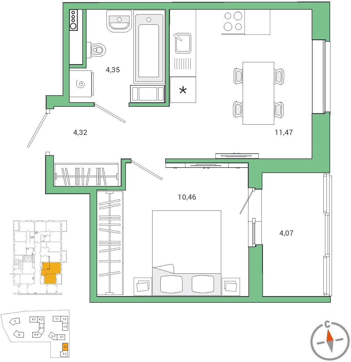 1-комнатная квартира (Студия) с отделкой в ЖК City Bay на 39 этаже в 1 секции. Сдача в 3 кв. 2026 г.