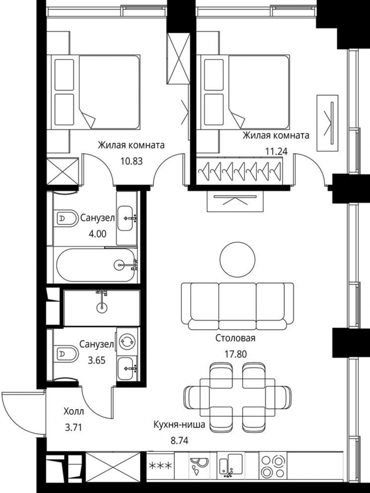 3-комнатная квартира с отделкой в ЖК City Bay на 7 этаже в 1 секции. Сдача в 3 кв. 2026 г.