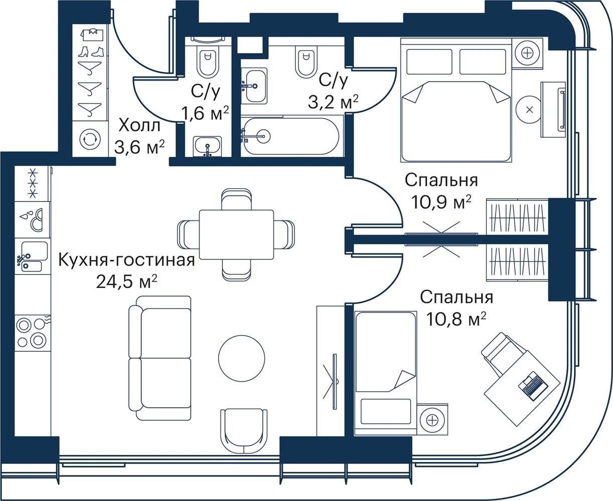 2-комнатная квартира с отделкой в ЖК City Bay на 13 этаже в 1 секции. Сдача в 2 кв. 2024 г.