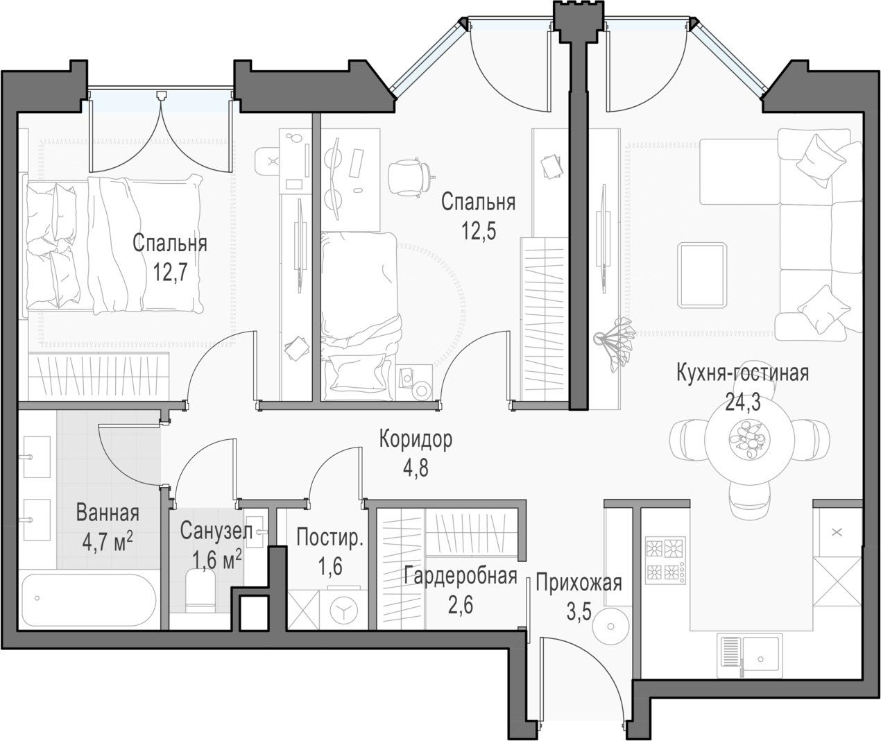 2-комнатная квартира в ЖК City Bay на 21 этаже в 1 секции. Сдача в 2 кв. 2024 г.