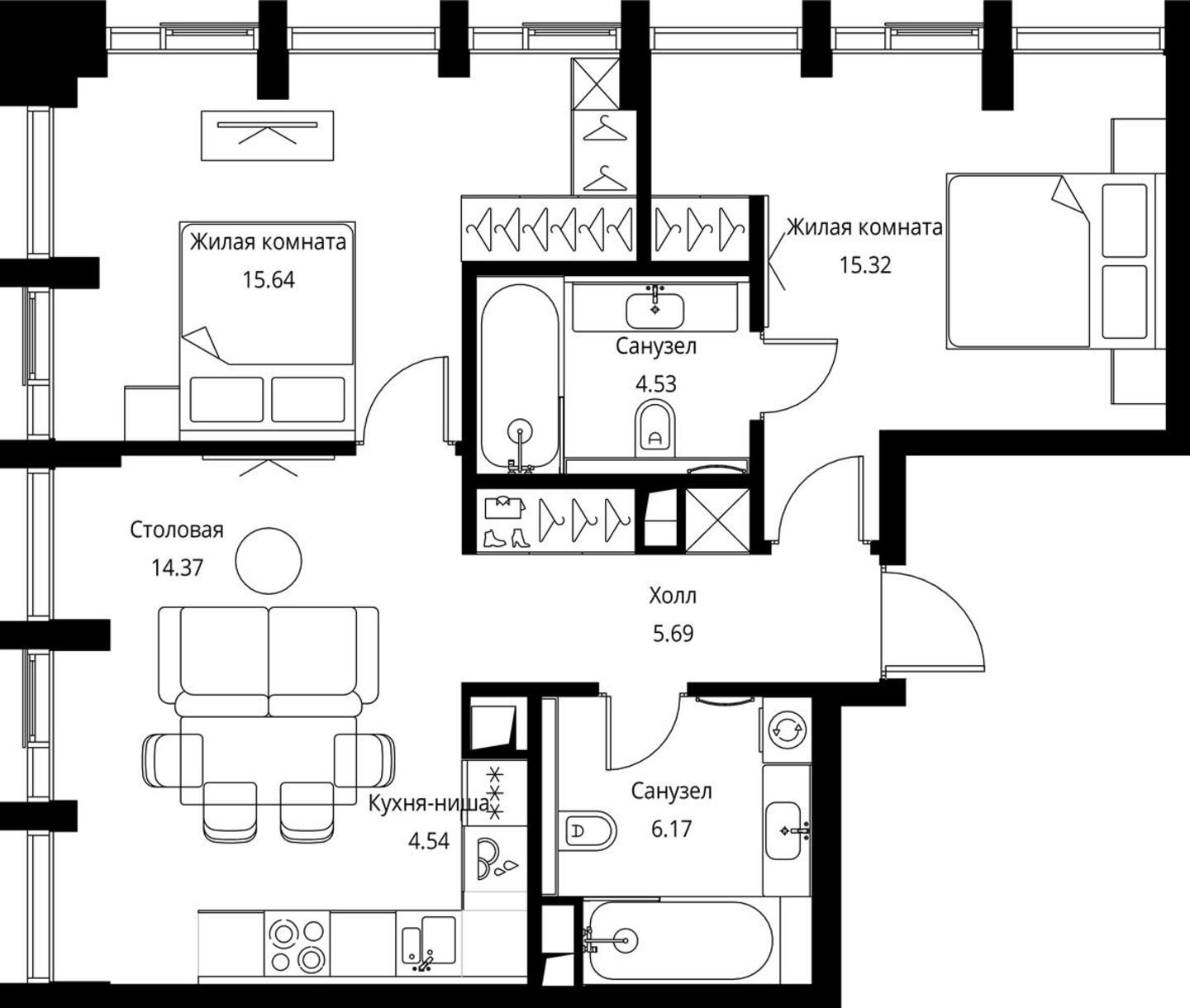 2-комнатная квартира с отделкой в ЖК City Bay на 14 этаже в 1 секции. Сдача в 2 кв. 2024 г.