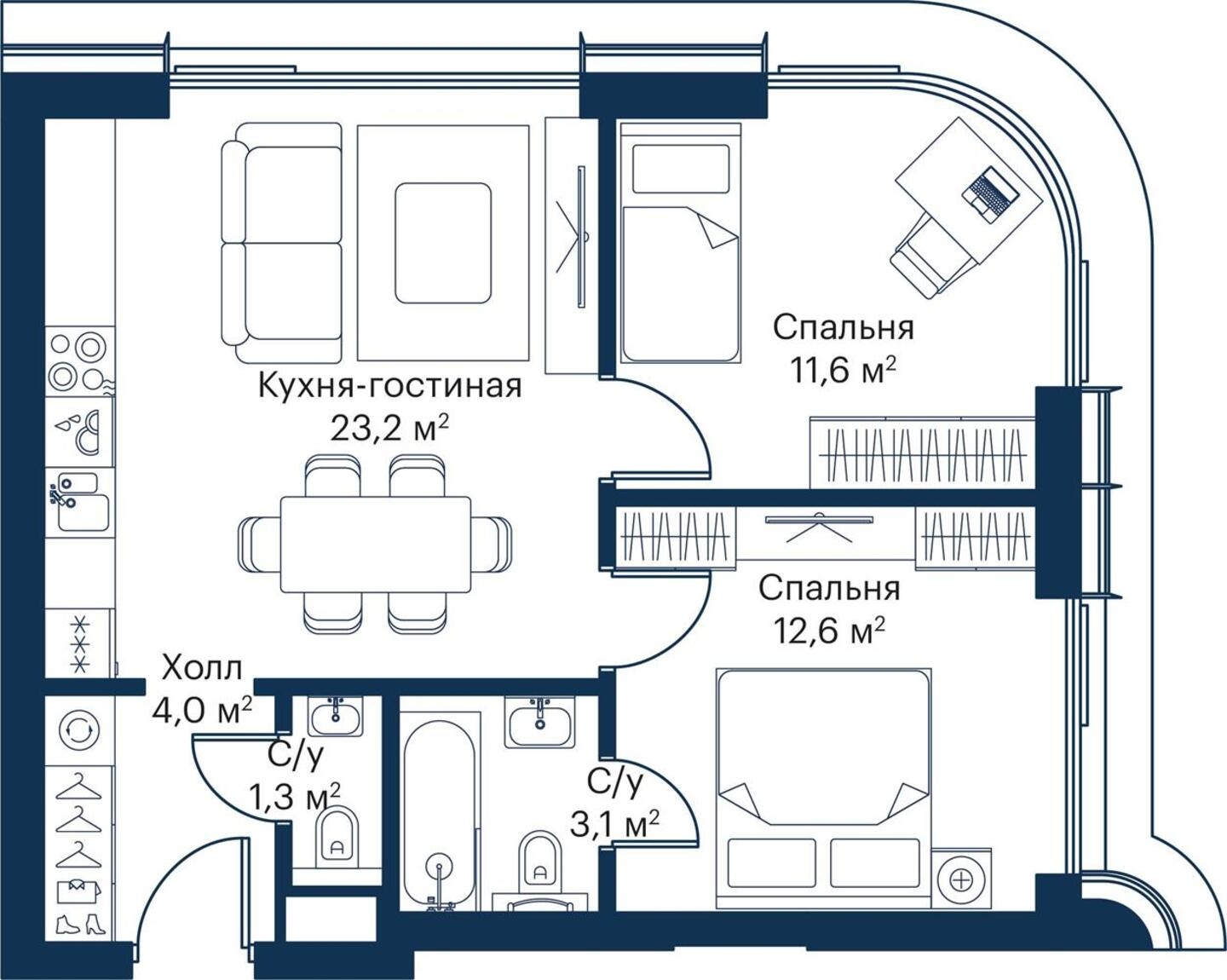 3-комнатная квартира в ЖК Миловидное на 4 этаже в 1 секции. Сдача в 1 кв. 2024 г.