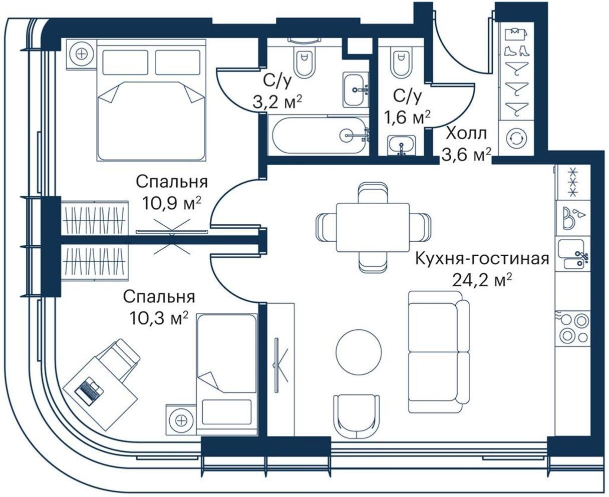2-комнатная квартира с отделкой в ЖК City Bay на 5 этаже в 1 секции. Сдача в 3 кв. 2025 г.