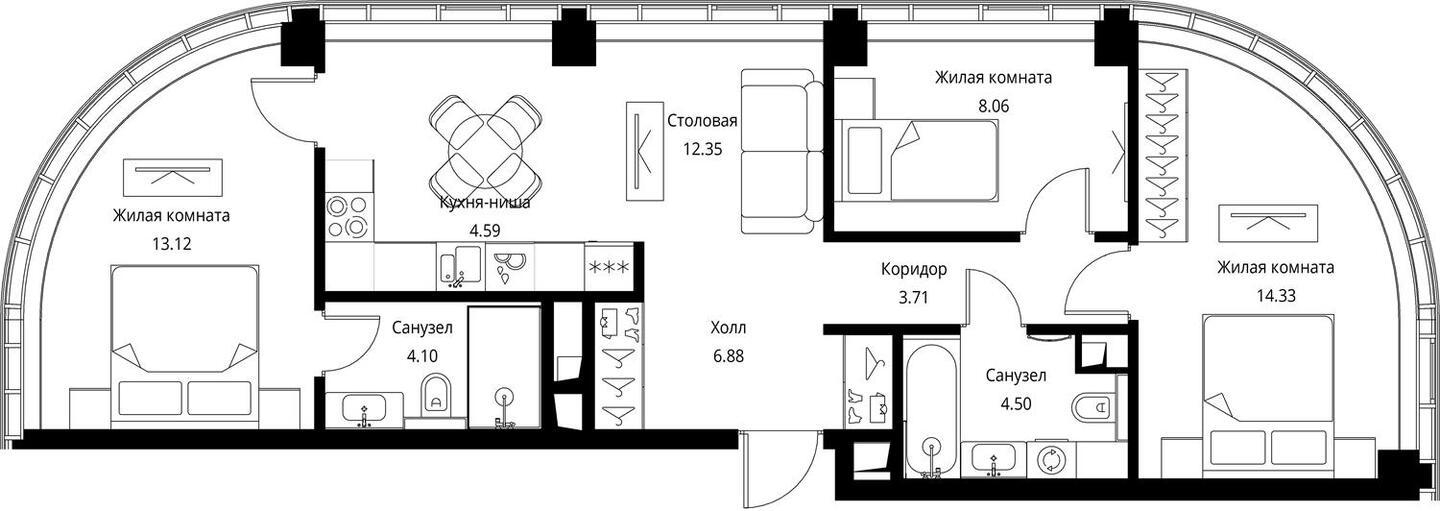 3-комнатная квартира с отделкой в ЖК Дом Достижение на 4 этаже в I секции. Сдача в 3 кв. 2023 г.