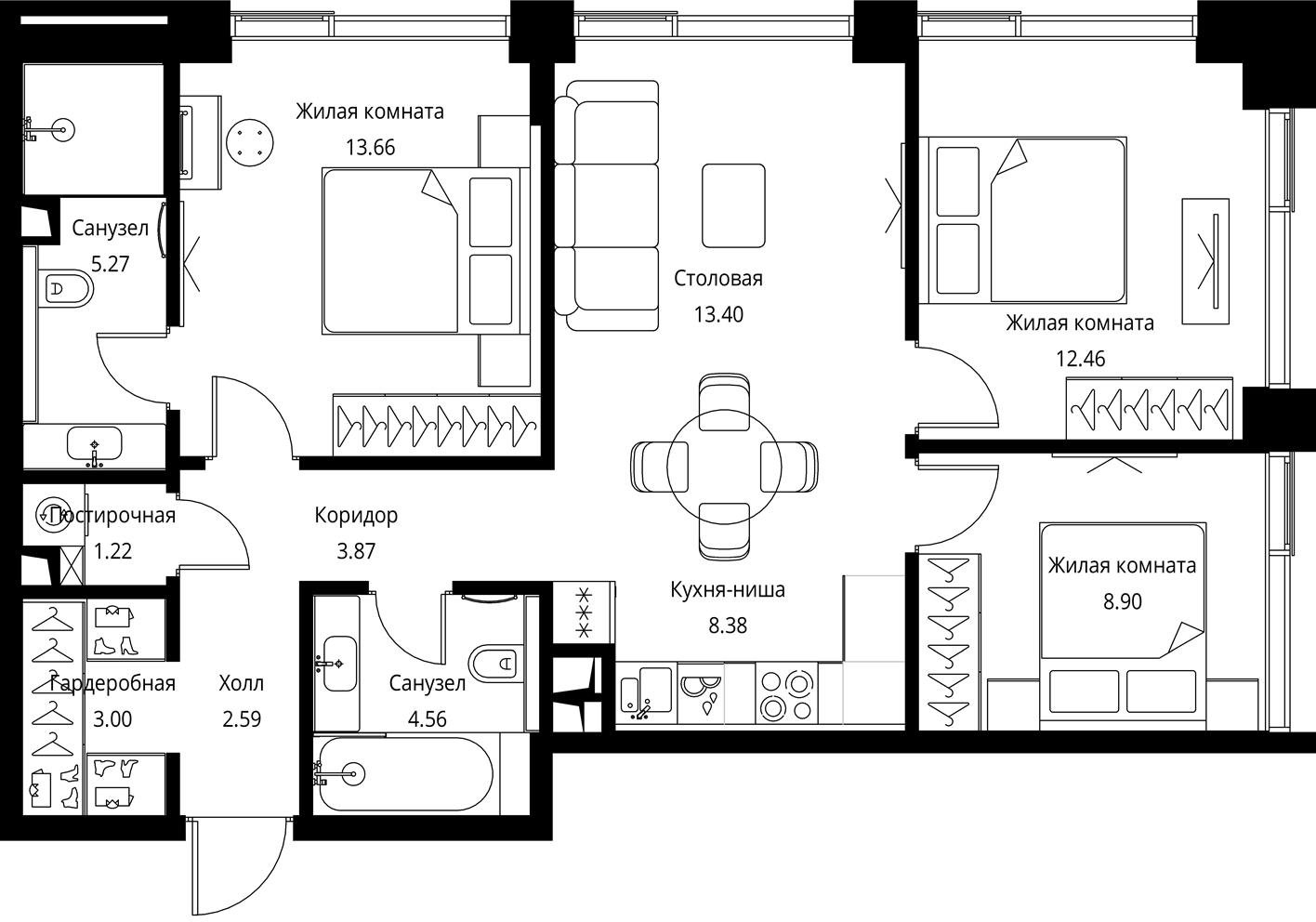 3-комнатная квартира в ЖК City Bay на 28 этаже в 1 секции. Сдача в 2 кв. 2024 г.