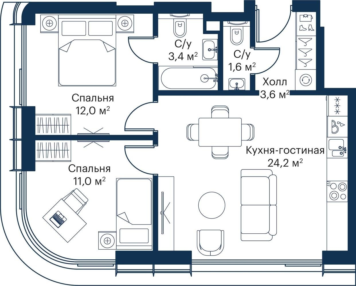 2-комнатная квартира в ЖК Бунинские кварталы на 10 этаже в 3 секции. Сдача в 2 кв. 2026 г.
