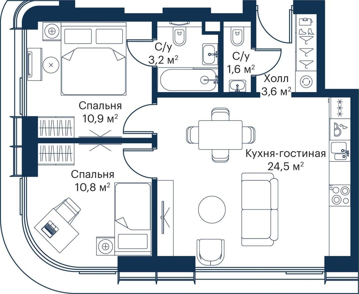 2-комнатная квартира в ЖК Бунинские кварталы на 11 этаже в 3 секции. Сдача в 2 кв. 2026 г.