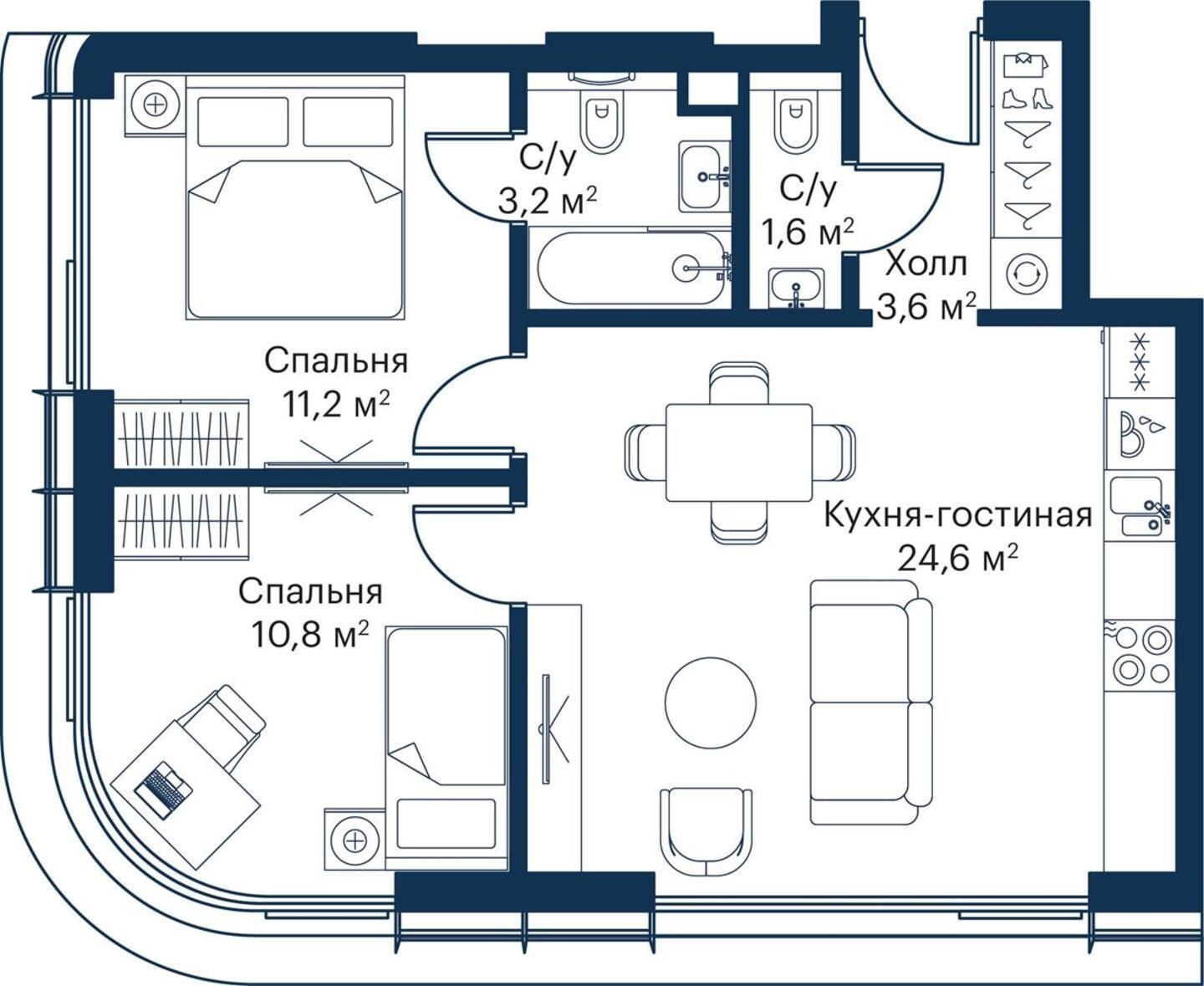 2-комнатная квартира в ЖК Бунинские кварталы на 12 этаже в 3 секции. Сдача в 2 кв. 2026 г.