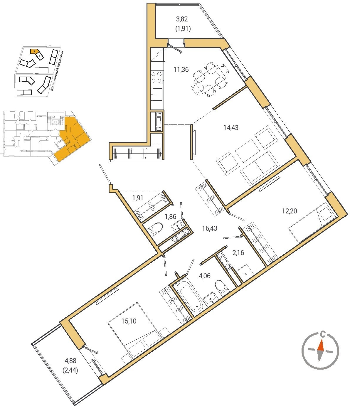1-комнатная квартира (Студия) с отделкой в ЖК City Bay на 29 этаже в 1 секции. Сдача в 3 кв. 2026 г.