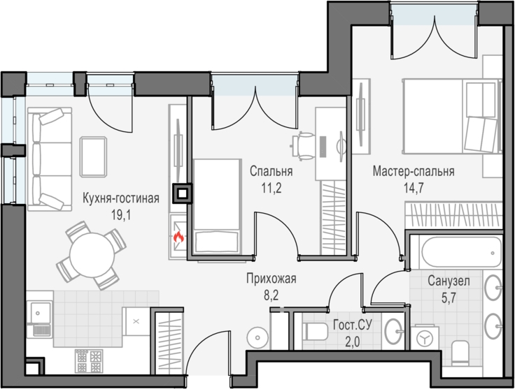 2-комнатная квартира в ЖК AFI Park Воронцовский на 2 этаже в 3 секции. Сдача в 3 кв. 2023 г.