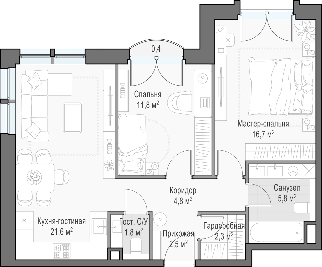 2-комнатная квартира в ЖК Бунинские кварталы на 4 этаже в 6 секции. Сдача в 2 кв. 2026 г.