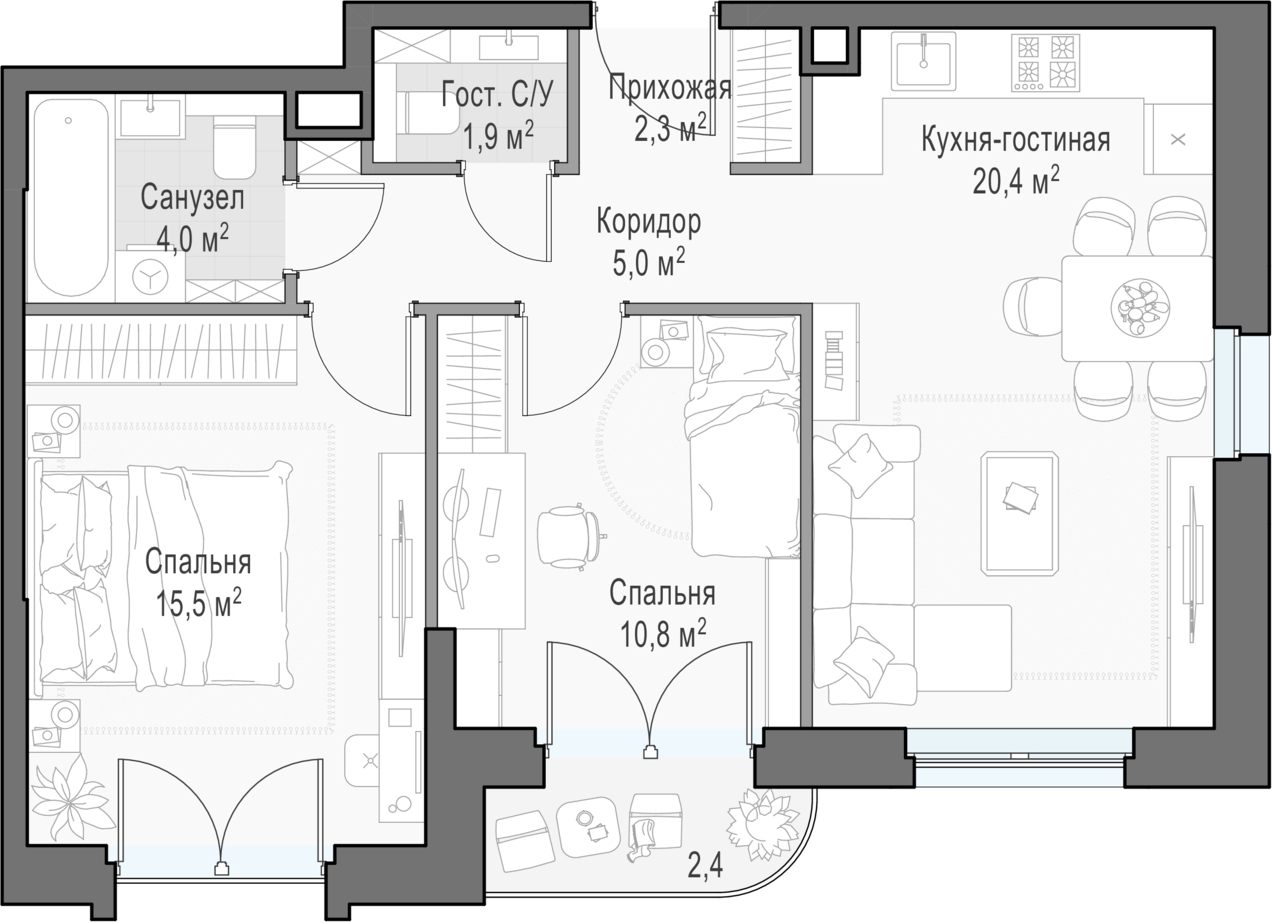 2-комнатная квартира с отделкой в ЖК City Bay на 12 этаже в 1 секции. Сдача в 3 кв. 2026 г.