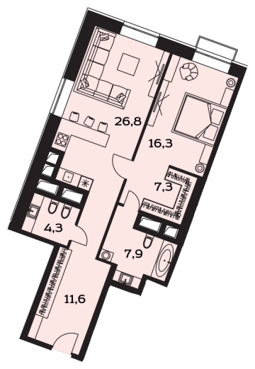 2-комнатная квартира с отделкой в ЖК Новые Ватутинки. Центральный на 14 этаже в 4 секции. Сдача в 1 кв. 2024 г.