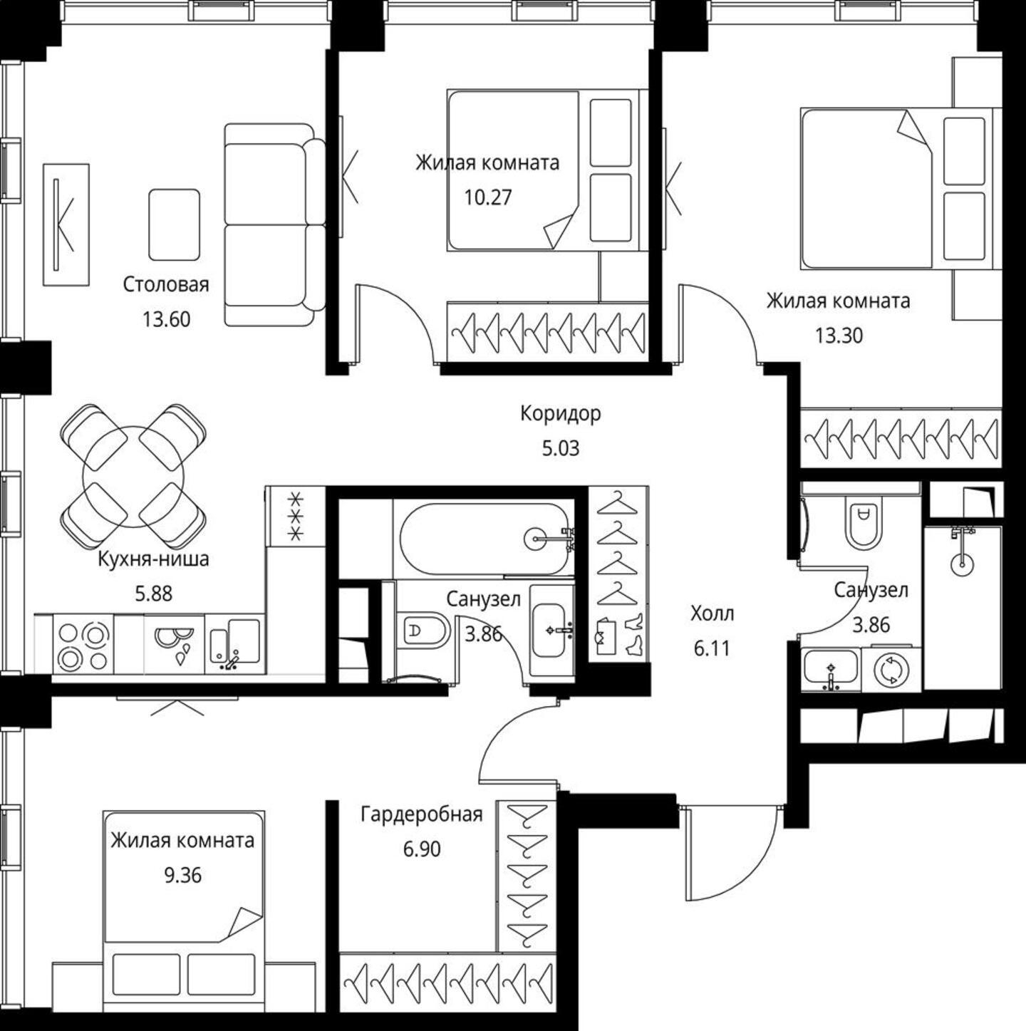 3-комнатная квартира в ЖК Рихард на 14 этаже в 1 секции. Сдача в 1 кв. 2022 г.