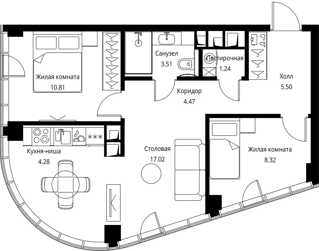 3-комнатная квартира в ЖК Рихард на 7 этаже в 1 секции. Сдача в 1 кв. 2022 г.