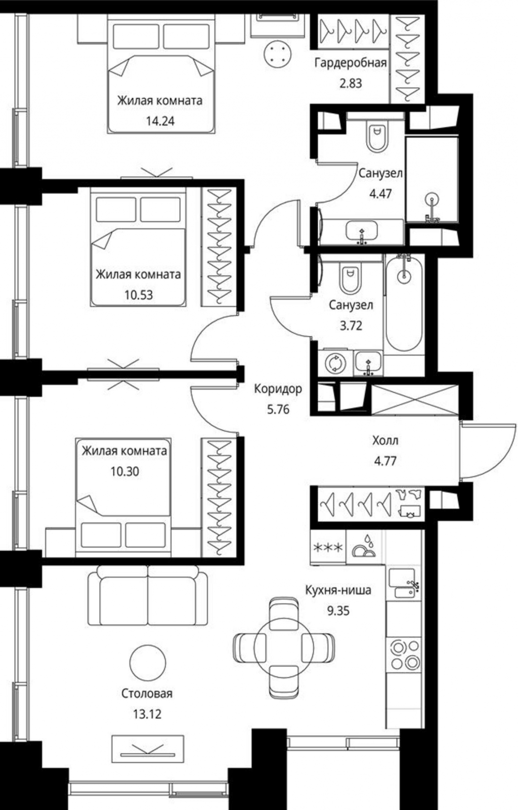 3-комнатная квартира в ЖК Рихард на 14 этаже в 3 секции. Сдача в 1 кв. 2022 г.