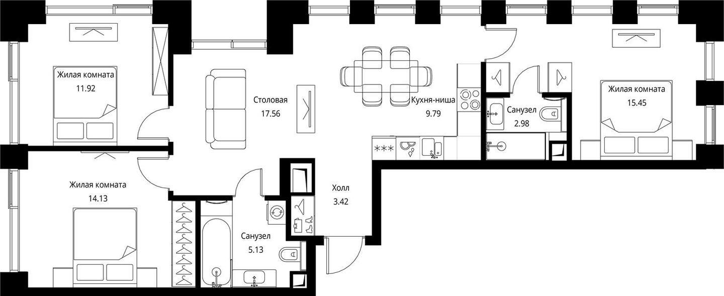 3-комнатная квартира в ЖК Рихард на 16 этаже в 3 секции. Сдача в 1 кв. 2022 г.