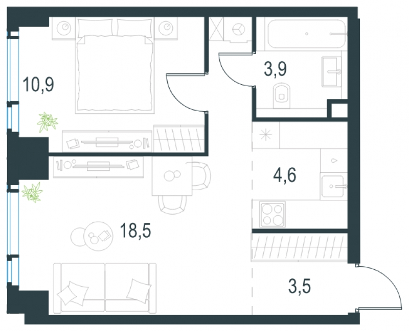 2-комнатная квартира в ЖК Бунинские кварталы на 18 этаже в 1 секции. Сдача в 4 кв. 2024 г.
