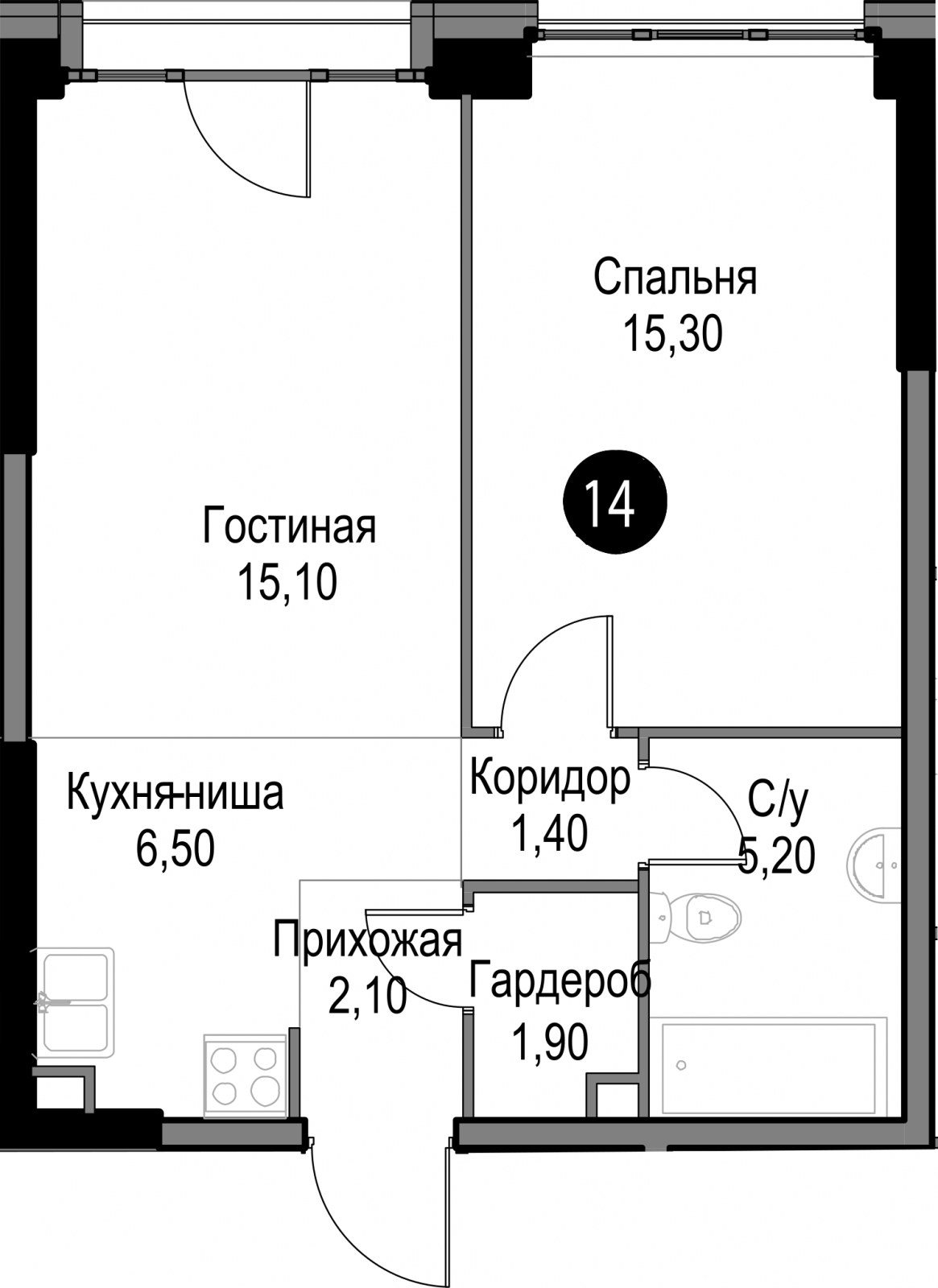 1-комнатная квартира в ЖК Бунинские кварталы на 14 этаже в 1 секции. Сдача в 3 кв. 2025 г.