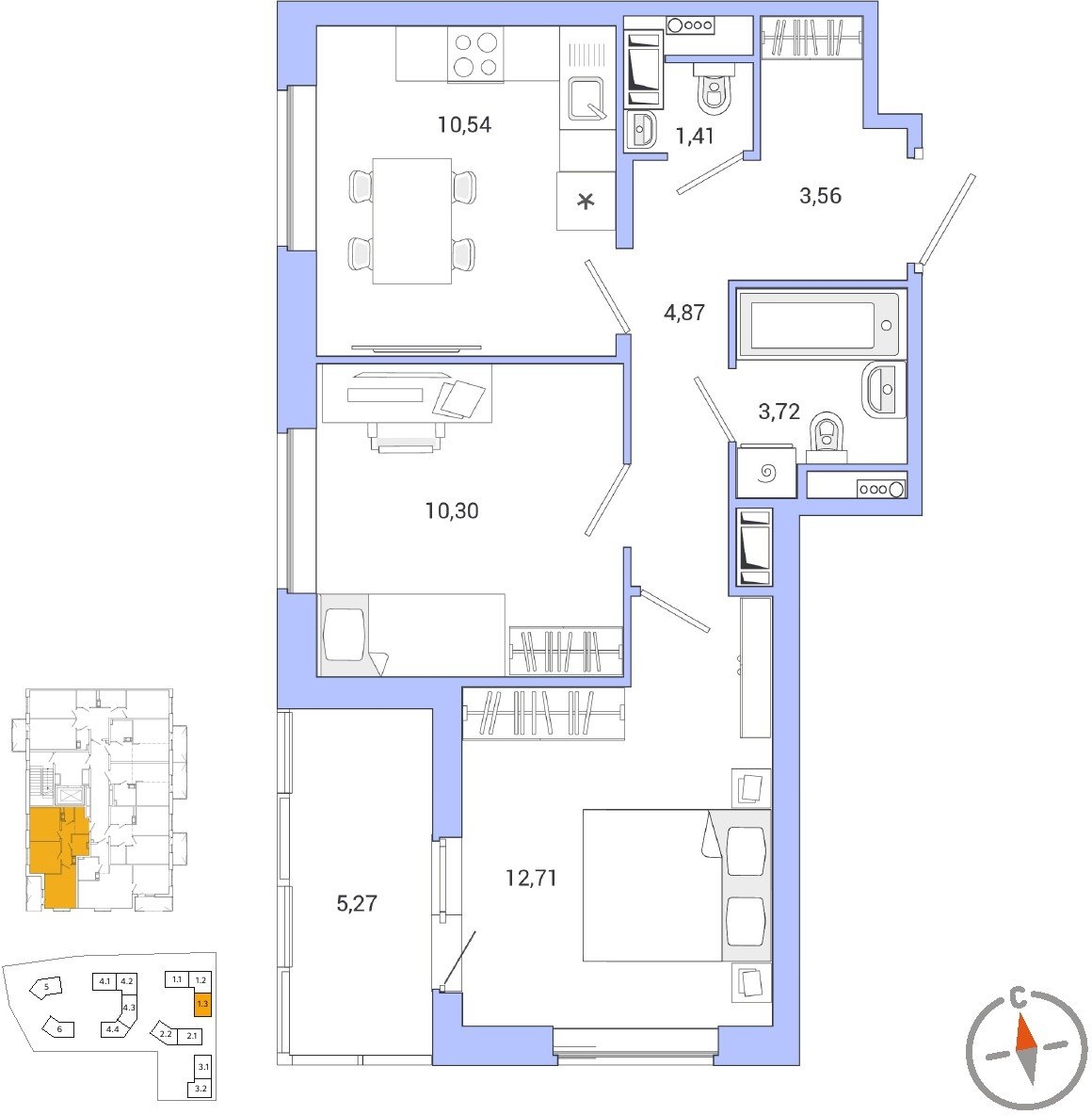 3-комнатная квартира в ЖК Бунинские кварталы на 3 этаже в 1 секции. Сдача в 2 кв. 2026 г.