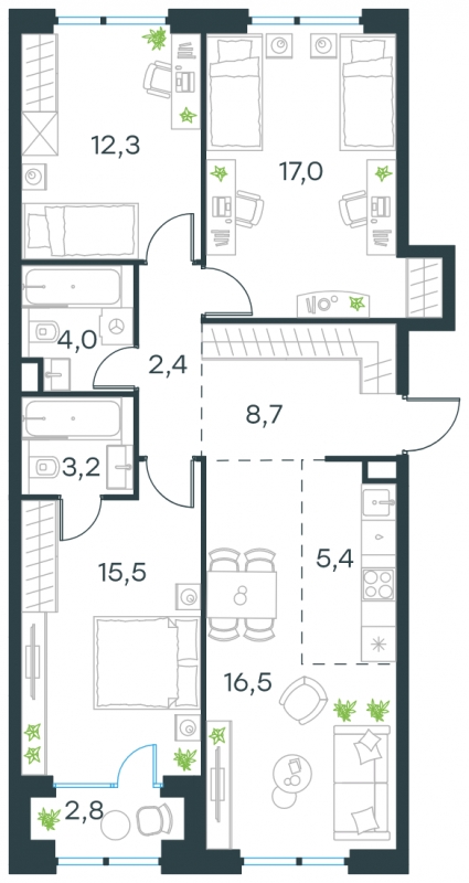 4-комнатная квартира в ЖК Бунинские кварталы на 8 этаже в 1 секции. Сдача в 2 кв. 2026 г.
