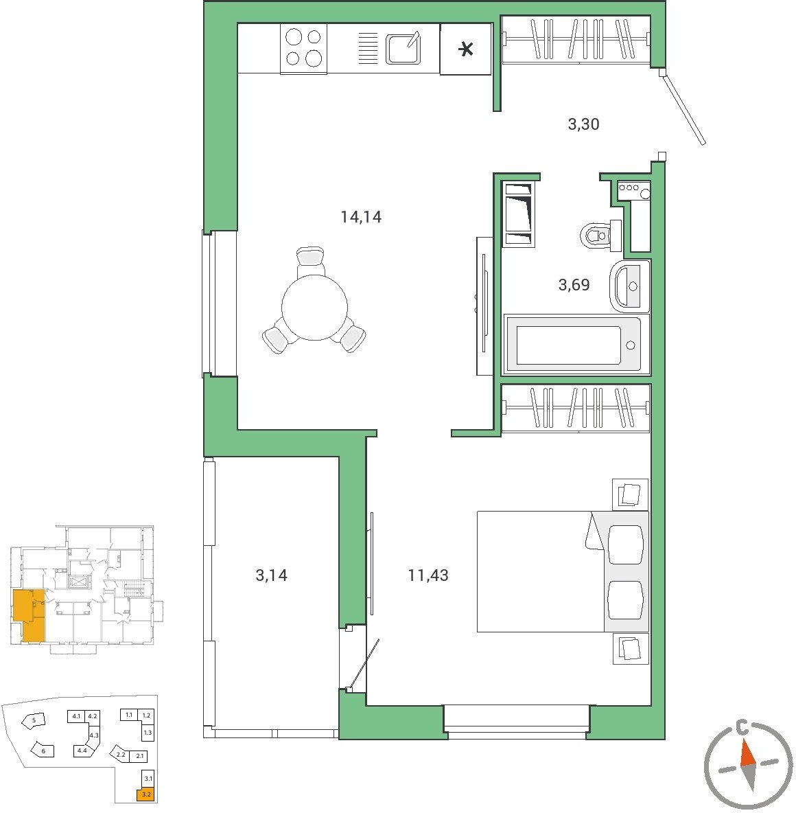 2-комнатная квартира с отделкой в ЖК Бунинские кварталы на 16 этаже в 1 секции. Сдача в 4 кв. 2025 г.
