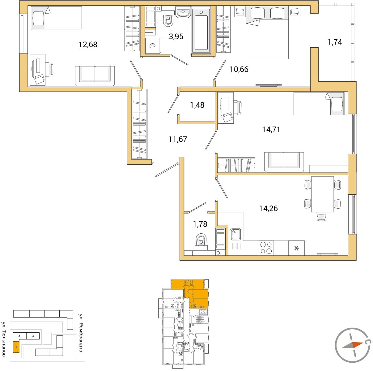 1-комнатная квартира (Студия) в ЖК N'ICE LOFT на 13 этаже в 1 секции. Сдача в 1 кв. 2024 г.