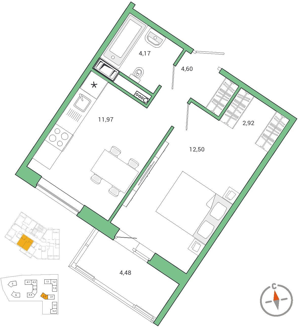 2-комнатная квартира с отделкой в ЖК City Bay на 16 этаже в 1 секции. Сдача в 4 кв. 2023 г.