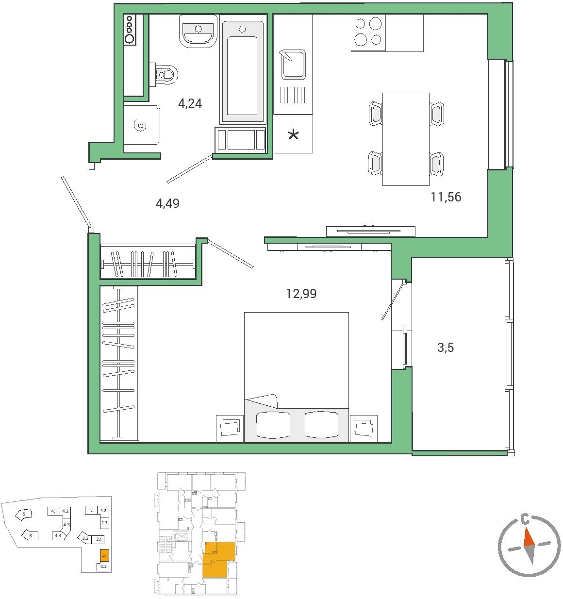 1-комнатная квартира (Студия) в ЖК N'ICE LOFT на 15 этаже в 1 секции. Сдача в 1 кв. 2024 г.
